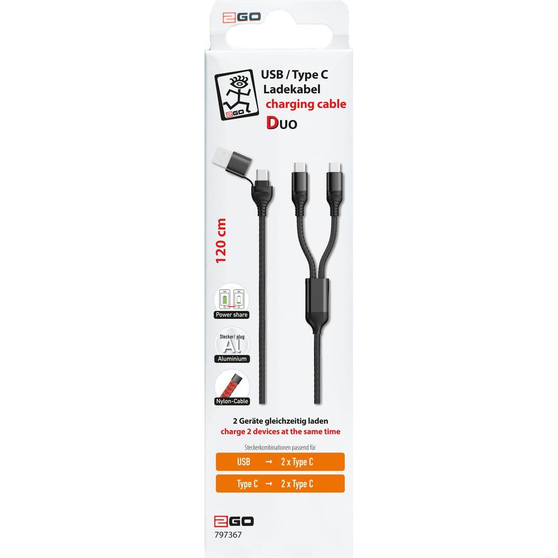 Thumbnail - 2GO USB / Type C Ladekabel DUO Type C schwarz 120cm (1.20 m), USB Kabel