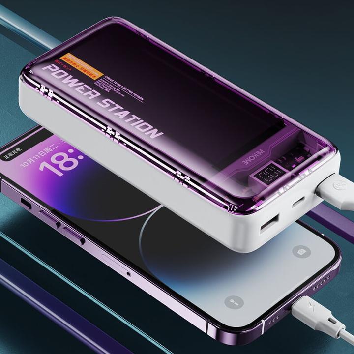 Actual product image Wekome WP-353 Vanguard-Serie – Powerbank 10000 mAh PD 20 W + QC 22,5 W (Lila / Transparent) (10000 mAh, 22.50 W, 37 Wh)