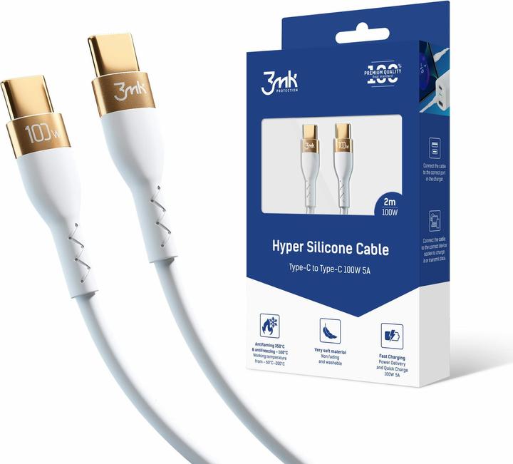 Actual product image 3MK HyperSilicone Cable USB-C/USB-C cable 2m 100W Biały/White (2 m, USB 3.0, 100 W)