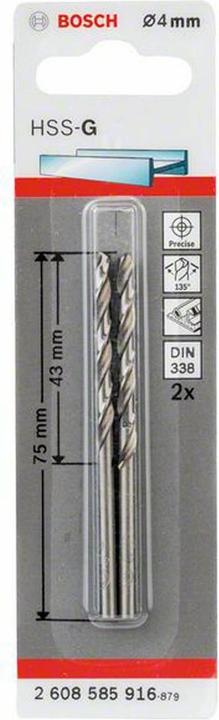 Produktbild Bosch Professional Zubehör Metallbohrer HSS-G, DIN 338, 4 x 43 x 75 mm, 2er-Pack (4 mm)