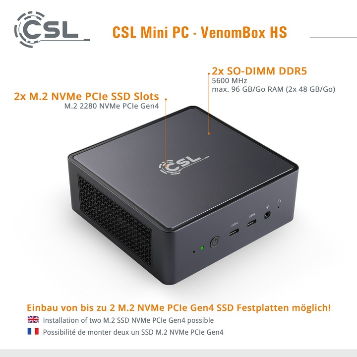Produktbild CSL Mini-PC VenomBox 8845HS (AMD Ryzen 7 8845HS, 96 GB, 4000 GB, Radeon 780M)