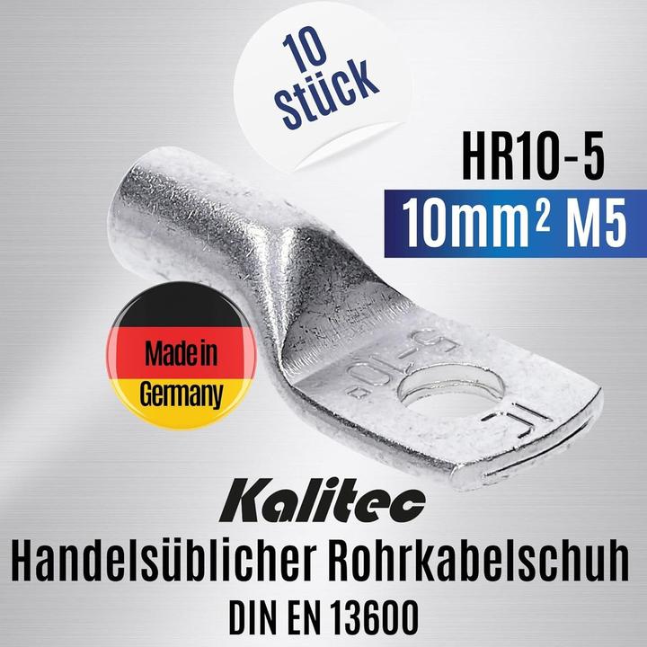 Produktbild Kalitec 10 Stück HR10-5 Handelsübliche Rohrkabelschuhe 10mm² M5 I ohne Sichtloch I Made in Germany