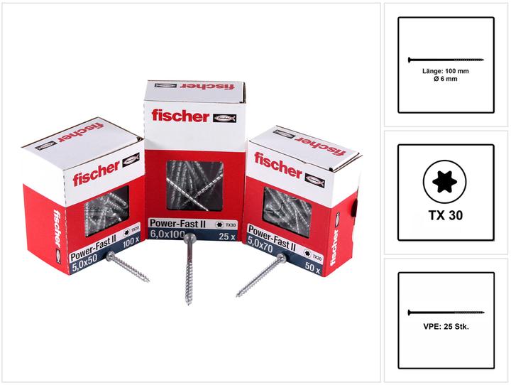 Produktbild Fischer Power-Fast II FPF II Spanplattenschraube 6,0x100 mm 25 Stück ( 670458 ) Senkkopf mit Torx Te (25 Schrauben pro Stück)