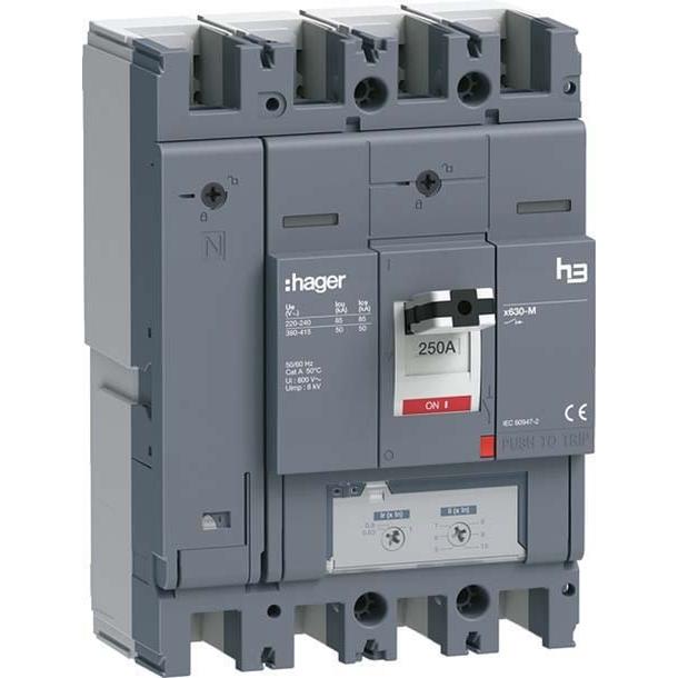 Hager HMJ251DR h3 x630 TM ADJ 4P4D 250A 50kA Leistungsschalter, Relais