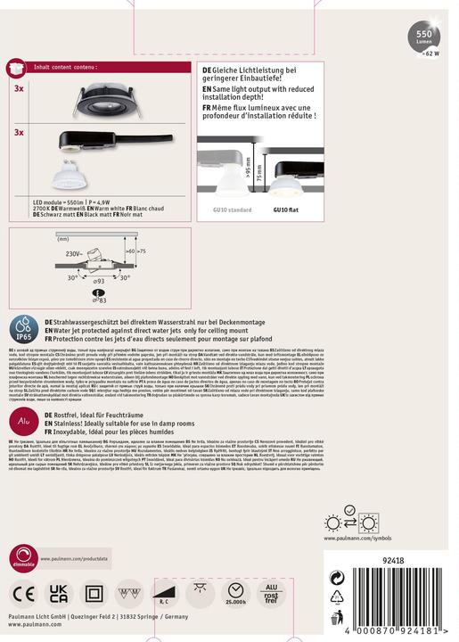 Produktbild Paulmann 92418 Nova LED-Einbauleuchte GU10 4.9 W Schwarz (matt) (550 lm, GU10)