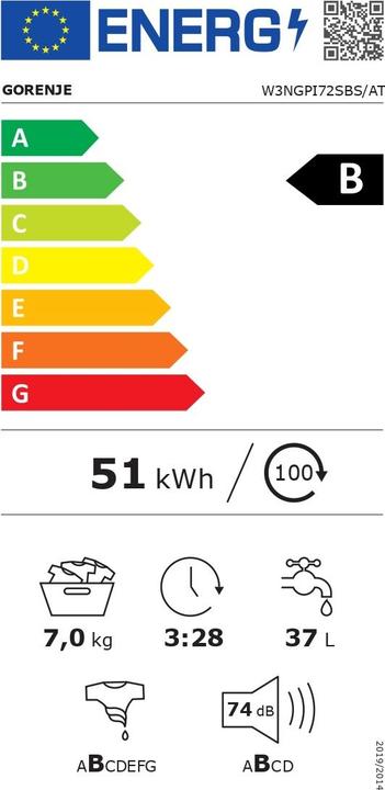 Etichetta energetica Gorenje W3NGPI72SBS Lavatrice, B, Caricamento frontale, 7 kg, 1200 giri/min, Profondità 43,5 cm, Bianco (7 kg)