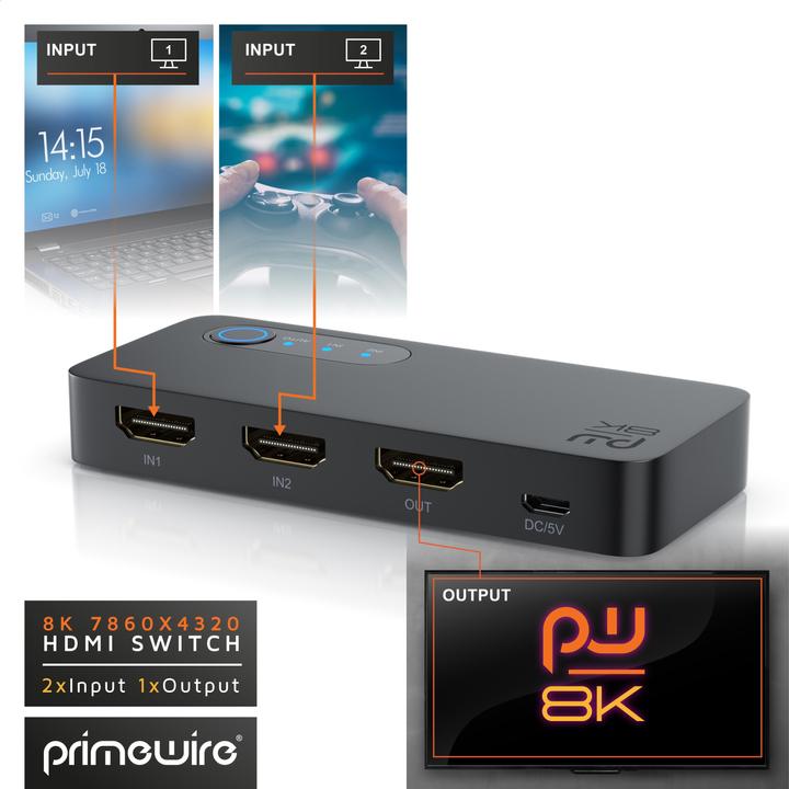 Actual product image Primewire 2-port HDMI splitter, 8K aluminium HDMI switch 2 in 1 Out UHD, distributor, switcher, 4K 3D HDR