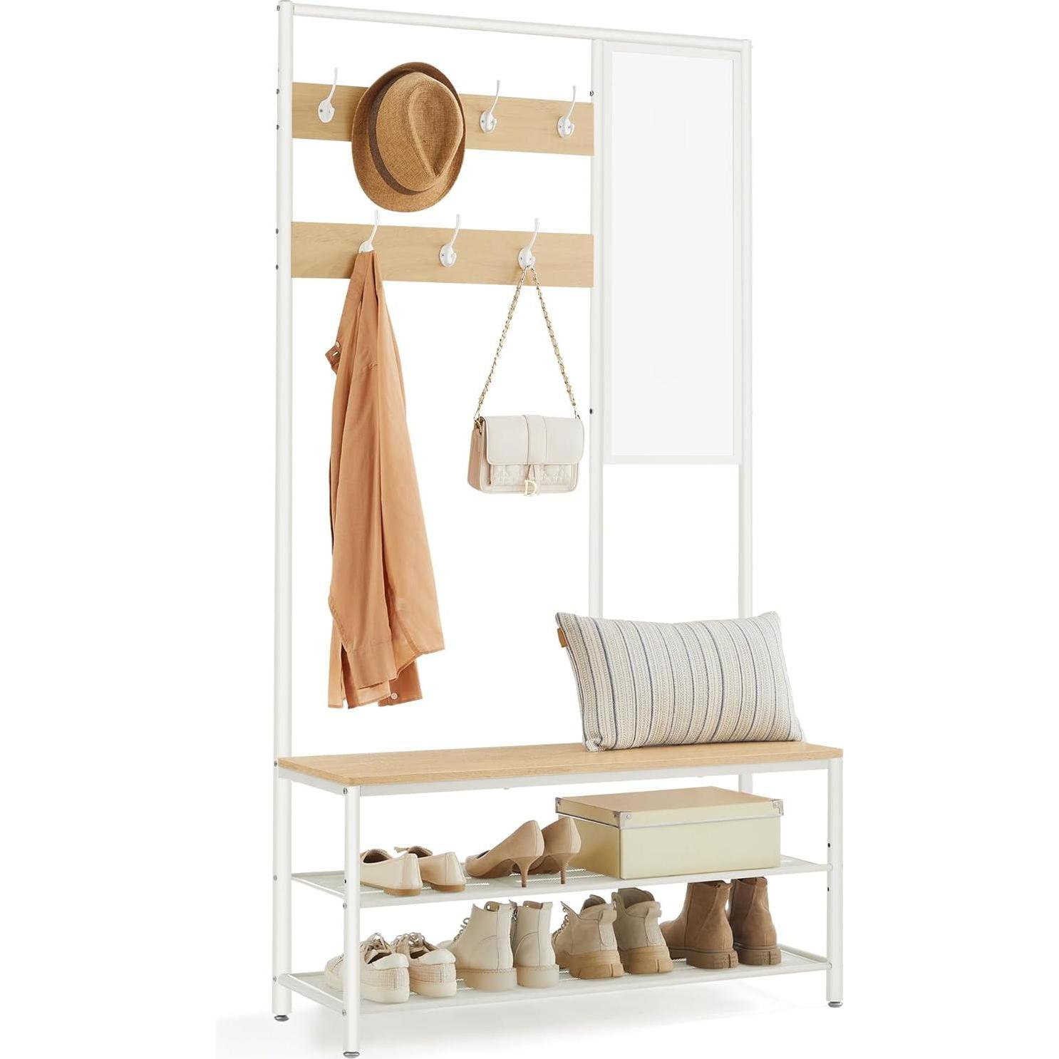 Songmics, Guardaroba + Appendiabiti, Kleiderständer Garderobe mit Spiegel Sitzbank Eiche Weiss
