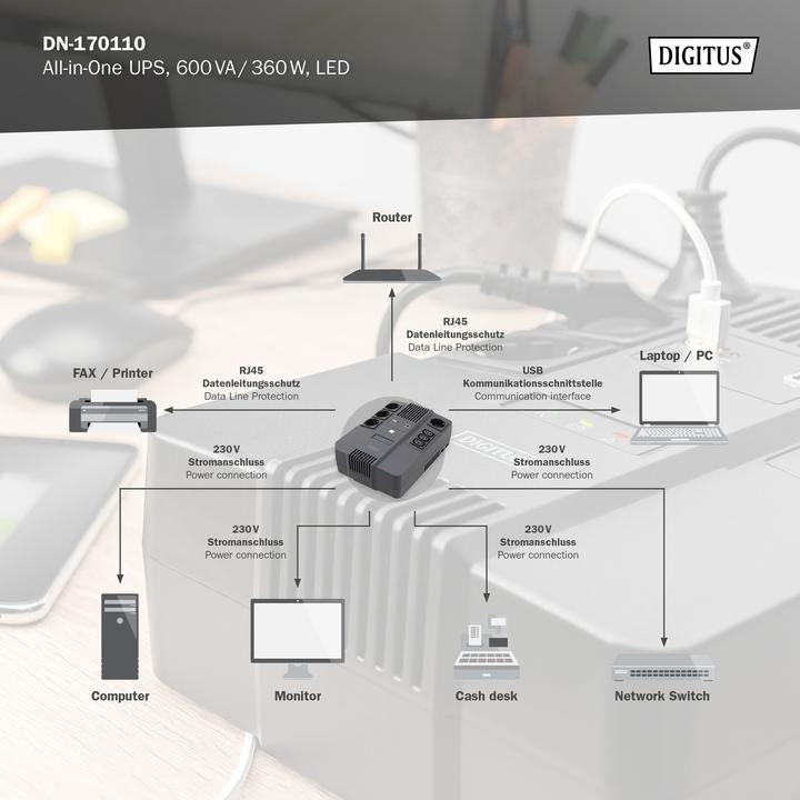 Image du produit Digitus Onduleur tout-en-un, 600VA/360W, LED x1, 4x CEE 7/7,3x IEC C13, USB (600 VA, 360 W)
