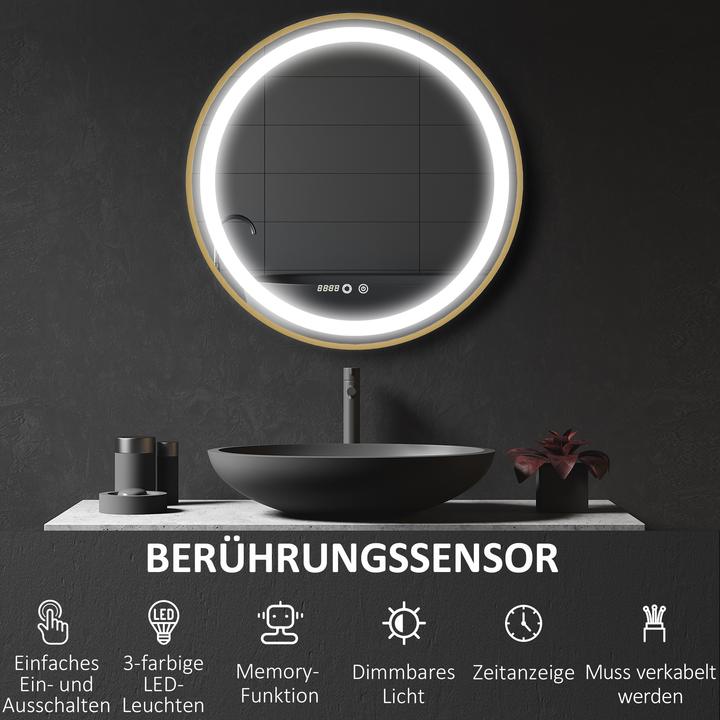 Produktbild Swisshandel24 Wandspiegel mit LED-Leuchte, Dimmbarer Badezimmerspiegel mit Memoryfunktion und Zeitanzeige, IP44, A