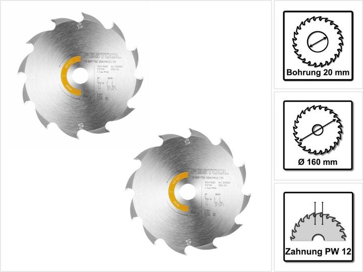Festool 2x circular saw blade Wood Rip Cut HW 160 x 1.8 x 20 mm PW12 ( 2x 205550 ) for plunge-cut saws TS 55