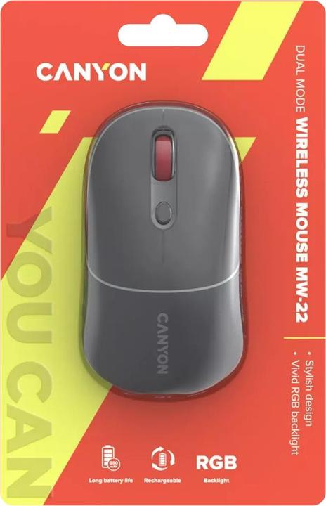 Produktbild Canyon MW-22, 2in1 wireless optical mouse Bluetooth / Wireless USB, 800/1200/1600 DPI, 4 print, grey (Kabellos)