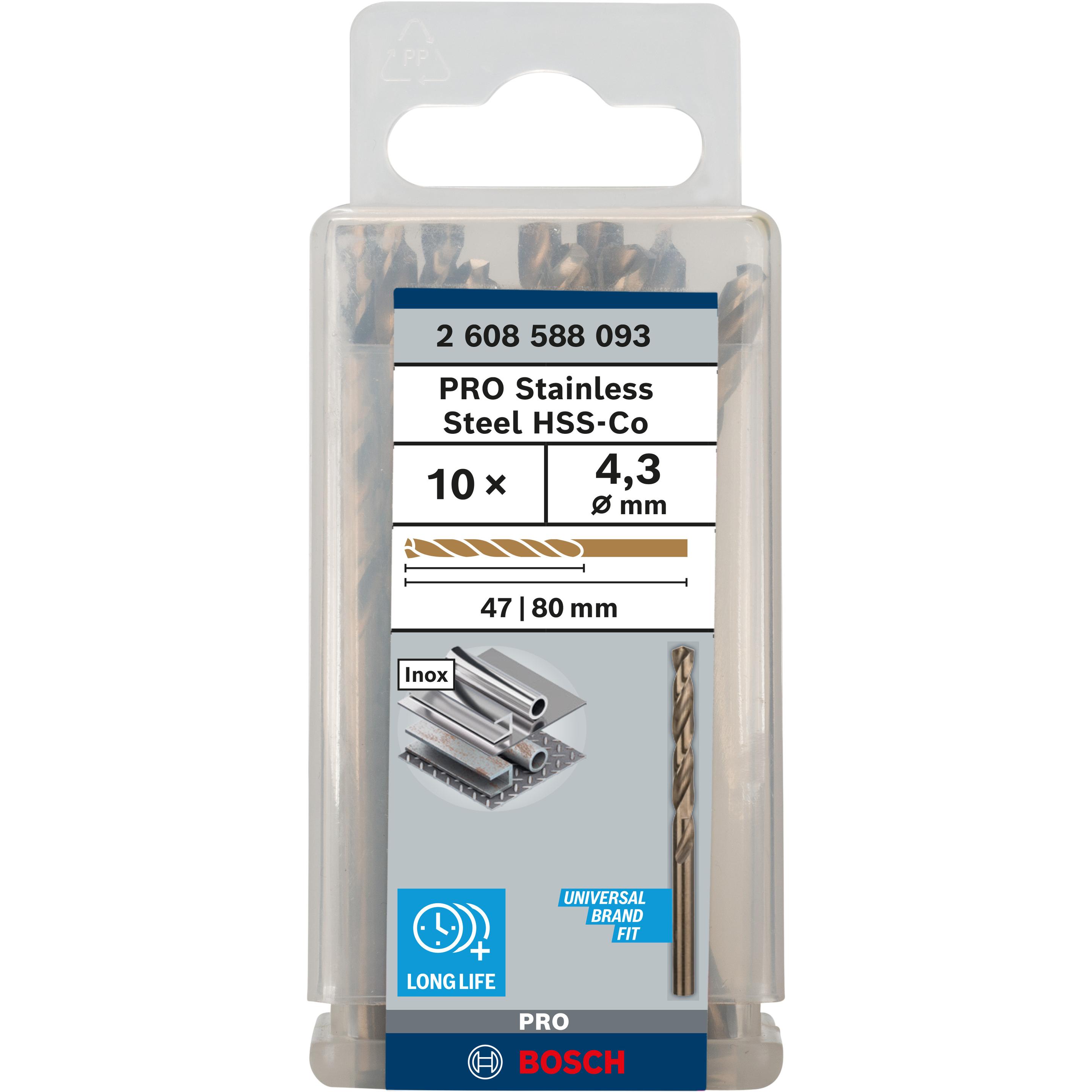 Bosch Professional Zubehör, Bohrereinsatz, PRO Stainless Steel HSS-Co Spiralbohrer, 4,3 x 47 x 80 mm (4.3 mm)