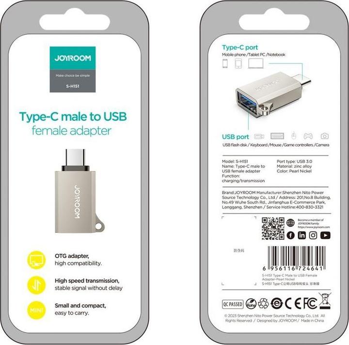 Image du produit Joyroom Adaptateur Type-C mâle vers USB femelle ( mini ) S-H151 (USB-A, USB-A)