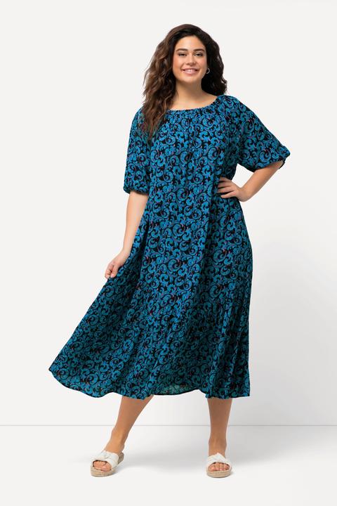 Image du produit Ulla Popken Robe midi à col rond et manches courtes. Volant à la base et motif vrilles (50, 52)