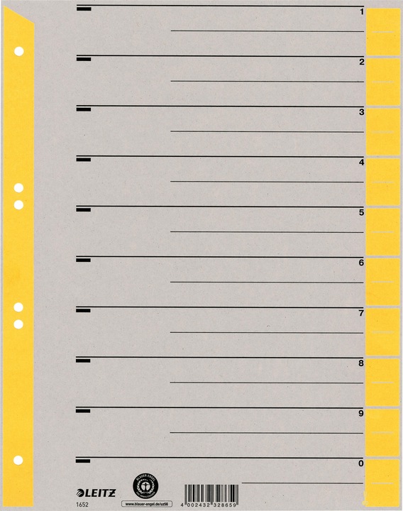Leitz Divider sheets, A4 extra wide, kraft cardboard 230g/sqm, yellow made of grey cardboard with yellow