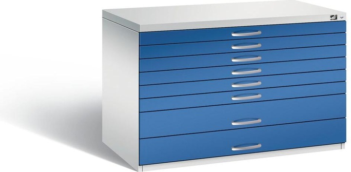Productafbeelding C+P Tekenkast, DIN A1, 8 laden, hoogte 760 mm, lichtgrijs / gentiaanblauw