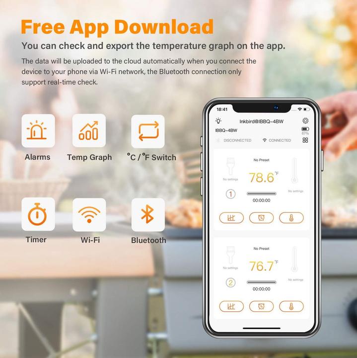 Produktbild Inkbird IBBQ-4BW WiFi Bluetooth BBQ Thermometer Four Probes