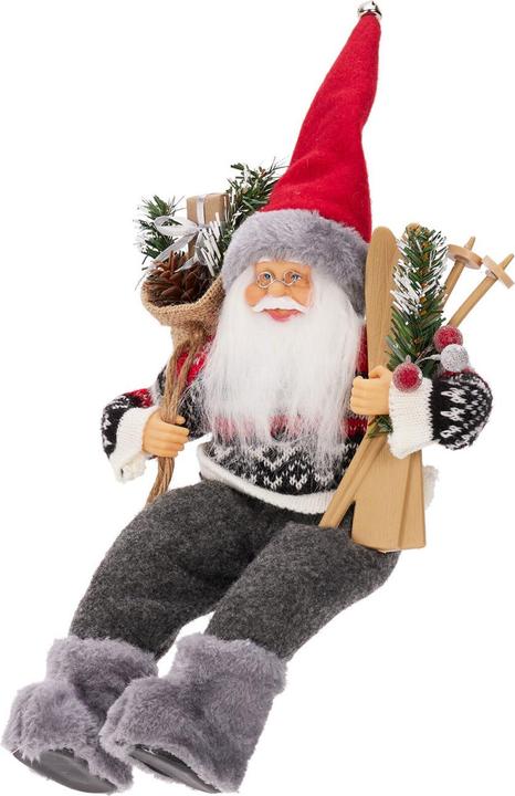 Home&Styling Weihnachtsmann sitzend mit Tasche und Skiern, 20 x 10 x 30 cm, grau/rot