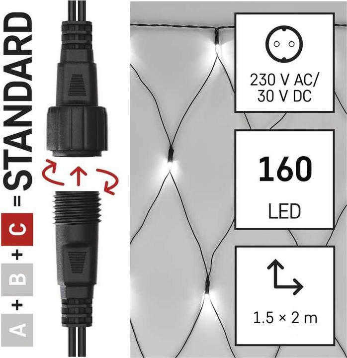 Image du produit Emos Guirlande/réseau LED, 30 VDC, 2 x 1.5 m, 160 x LED, blanc froid, connectable, sans source (2 m)