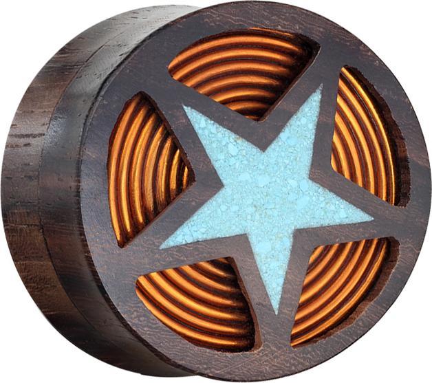 Image du produit Star Piercing Flared Plug en bois de sono Tourbillon en fil de cuivre avec étoile Turquoise scintillante (sans laiton, Organique, Minéral)