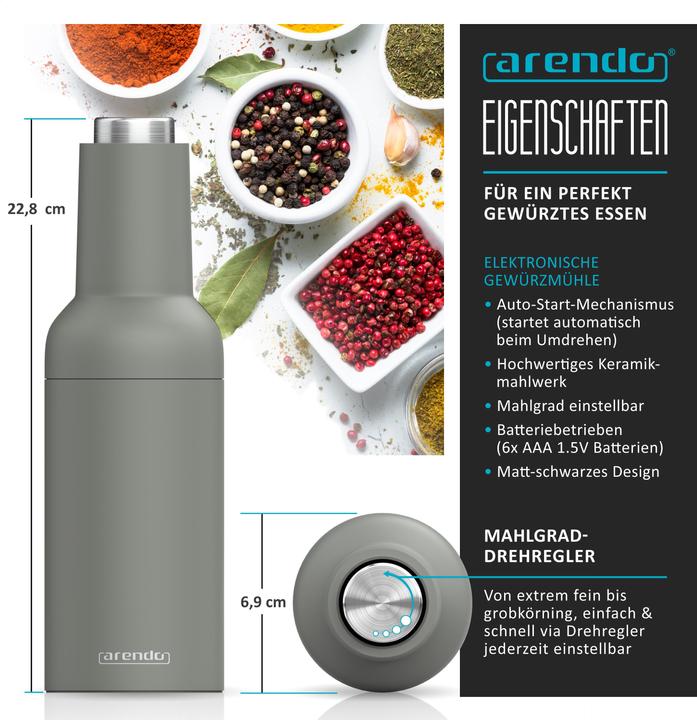 Produktbild Arendo Salz- & Pfeffermühle Elektrisch 2er Set, Gewürzmühlen, Edelstahl, einstellbar, Batteriebetrieben (Kräuter, Salz, Pfeffer)