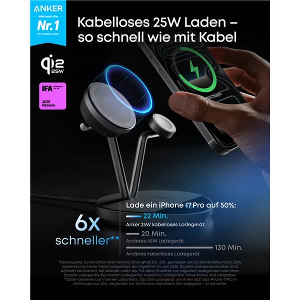 Actual product image Anker 1x 15W Qi2, 1x Airpod, 1x Apple Watch MagGo Wireless Charger Stand Black (25 W)