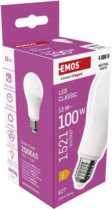 Image du produit Emos Lampe LED Classic A60 / E27 / 13 W (100 W) / 1521 lm / Blanc neutre (E27, 13 W, 1521 lm, 1 x, E)