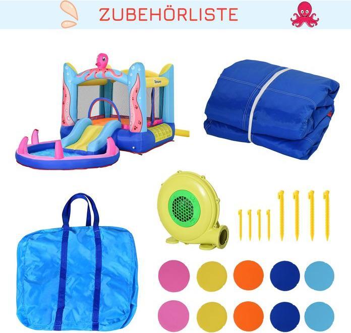 Produktbild Swisshandel24 Aufblasbare Hüpfburg mit Rutsche Spielburg für Kinder Trampolin aufblasbar Wasserrutsche Pool für 3-