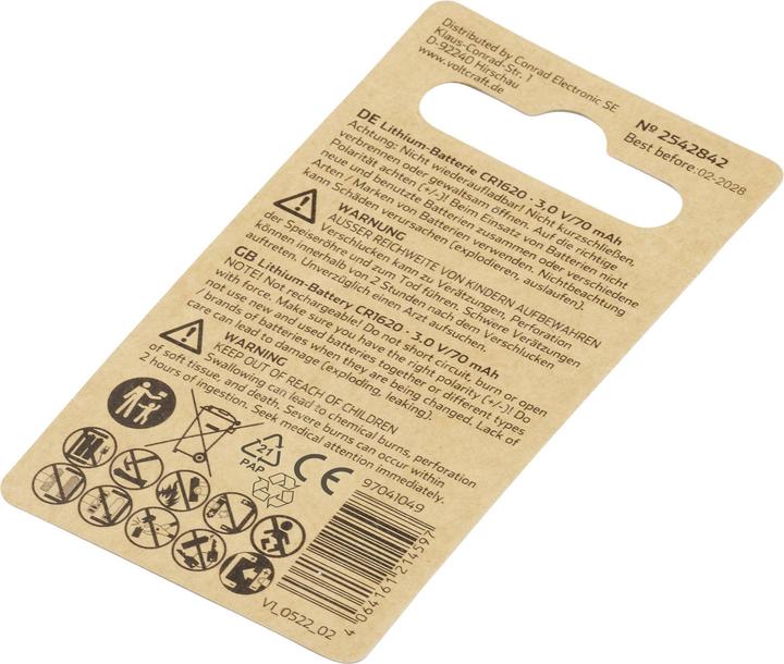 Immagine prodotto Voltcraft LM1620 Pila a bottone CR 1620 Litio 70 mAh 3 V 1 pz. (1 pz., CR1620, 70 mAh)