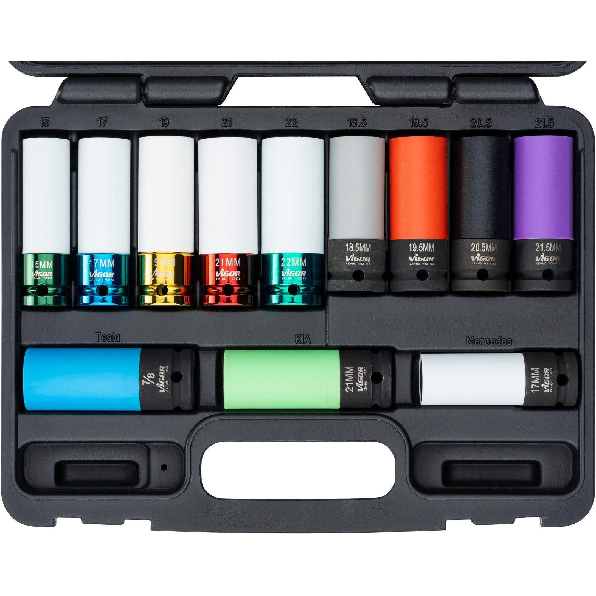 Vigor, Chiave a bussola + esagonale, Impact socket set ∙ V6312/12 ∙ 12-pieces ∙ Numero utensili: 12 (19 mm, 22 mm, 21 mm, 17 mm, 15 mm)