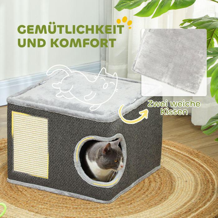 Produktbild Swisshandel24 Kratztonne, 35 cm hoch Katzentonne mit Höhle, Kratzbaum für Katze bis 6 kg (35 cm, Dunkelgrau+ Cremeweiss)