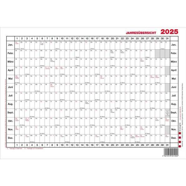 Güss, Agenda, Jahresübersicht 12 Monate Kalendarium 2025 (A5)