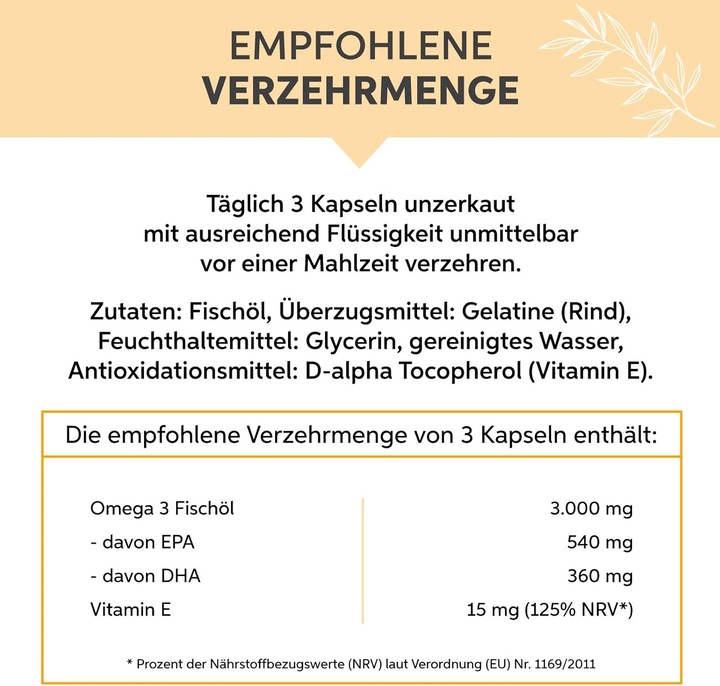 Nutritional values and ingredients Eltabia Omega 3 capsules 1000 mg fish oil high dose 3000mg daily dose with 18% EPA & 12% DHA (500 Piece, Capsules)