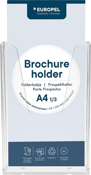 Produktbild Europel Wand-Prospekthalter, DIN lang, 1 Fach, glasklar für Format 1/3 DIN A4, aus Polystyrol, Fachtiefe: 35 (1/3 Din A4)