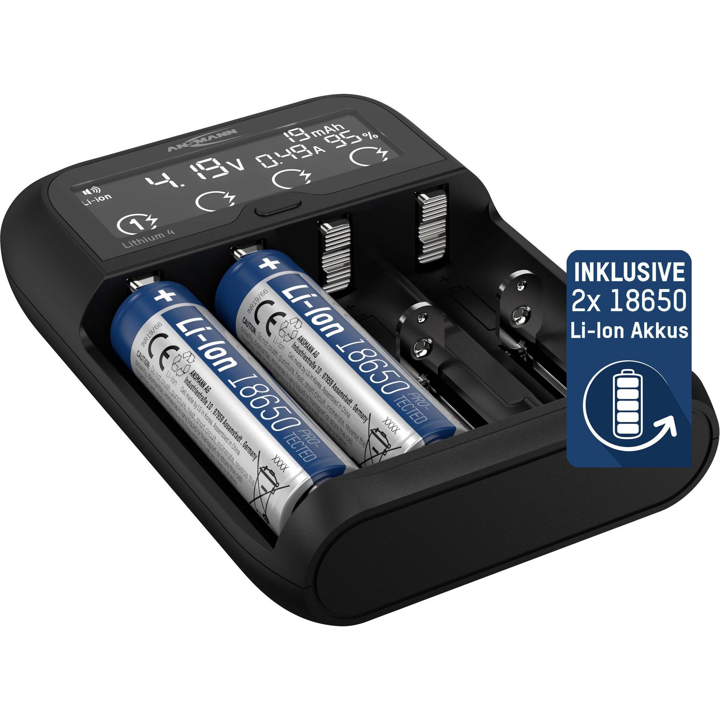 Ansmann Lithium 4 Universalladegerät mit 2x 18650 Akkuzellen (2600mAh) Ladegerät (14500, 16340, 17670, 18500, 18650, 22650, 26650, AA / LR6 / LR06 / M