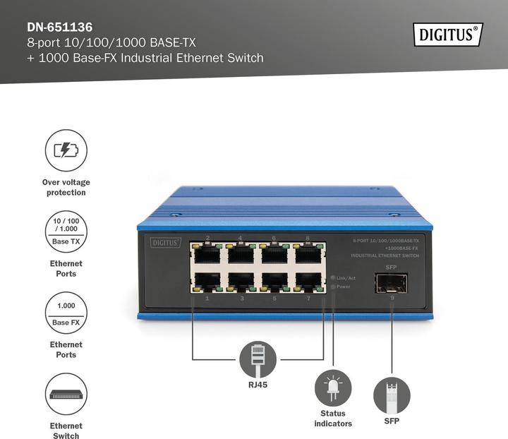 Produktbild Digitus 8-port 10/100/1000BASE-TX+1000Base-FX Industrial Ethernet Switch (8 Ports)