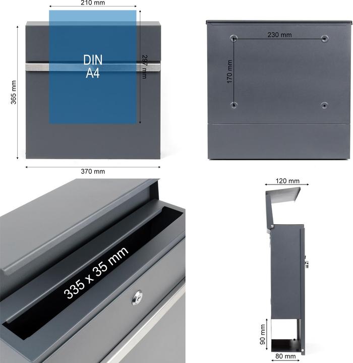 Produktbild Wiltec Briefkasten V50 Anthrazit Edelstahl 370x105x370mm pulverbeschichtet Wand