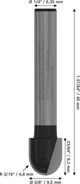 Immagine prodotto Bosch Professional Zubehör Fresa a filetto, 1/4", R1 4,7 mm, P 9,5 mm, L 9,2 mm, G 45 mm