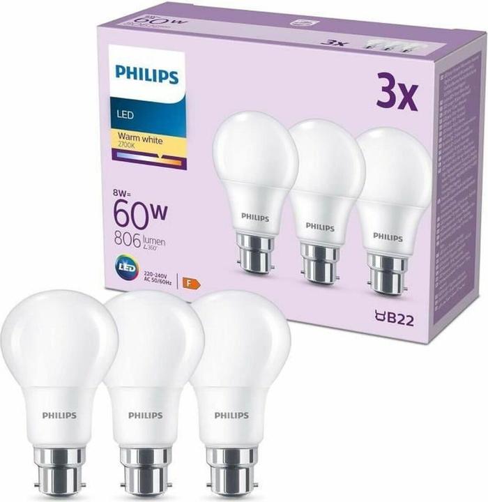Produktbild Philips Lampe 60W A60 B22 x3 (B22, 8 W, 806 lm, 3 x, F)