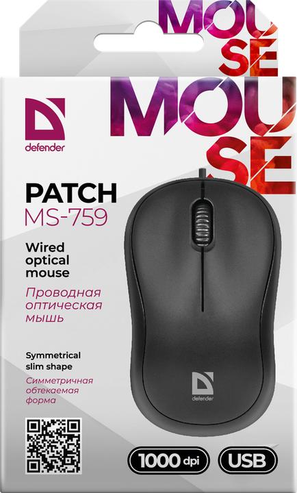 Productafbeelding Defender MAUS PATCH MS-759 ZWART OPTISCH 1000dpi 3P (Bedraad)