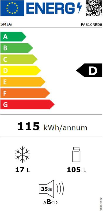 Energie-Label Smeg FAB10RRD6 Kühlschrank Rechtsanschlag Rot 50's Style, 2025 Modell, EEK: D (122 l)