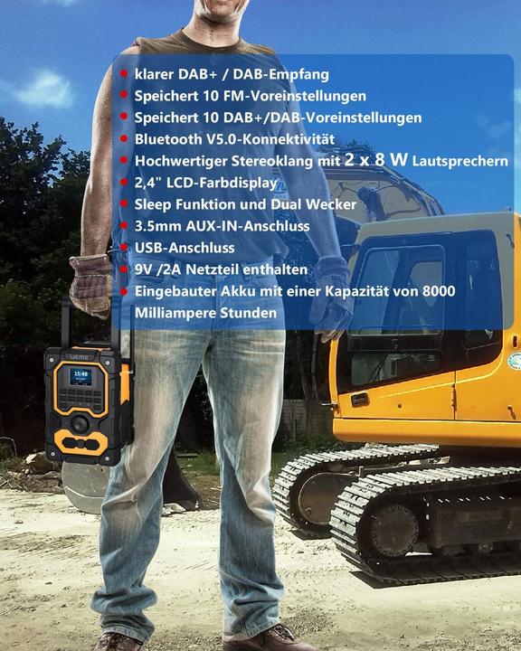 Actual product image Ueme Baustellenradio mit Bluetooth und Powerbank (DAB+, FM, Bluetooth)
