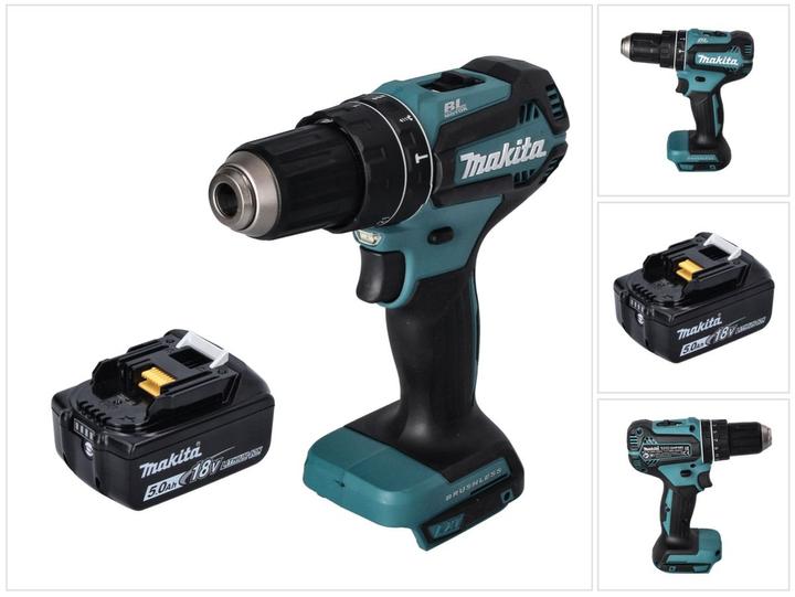 Makita DHP 485 T1 Akku Schlagbohrschrauber 18 V 50 Nm Brushless + 1x Akku 5,0 Ah - ohne Ladegerät (Akkubetrieb)