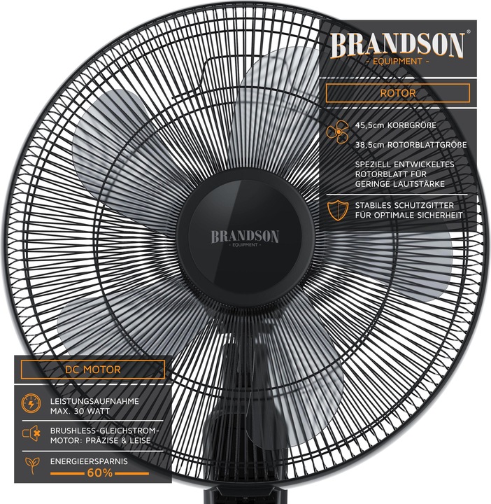 Immagine prodotto Brandson Ventilatore da piedistallo 45,5 cm, DC, silenzioso, telecomando, risparmio energetico (60 dB)