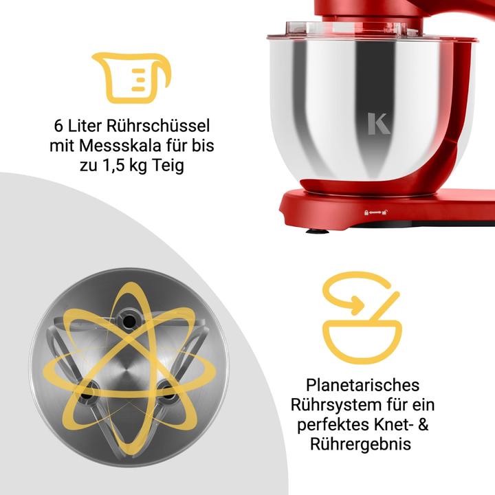 Produktbild KLAMER Küchenmaschine, Knetmaschine mit 6 Liter Edelstahl Schüssel (1800 W)