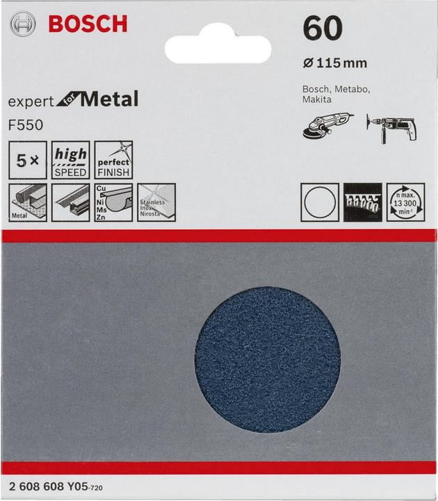 Produktbild Bosch Professional Zubehör Schleifblatt F550, Expert for Metal, 115 mm, 60, ungelocht, Klett, 5er-Pack (60)