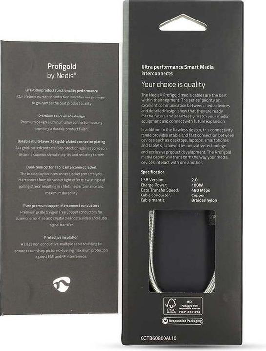 Actual product image Nedis CCTB60800AL10. Cable length: 1 m, Port 1: USB C, Port 2: USB C, USB version: USB 2.0, Maxim (1 m, USB 2.0, 100 W)