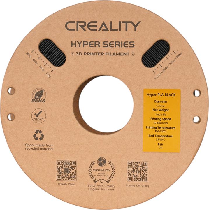 Image du produit Creality Filament PLA Hyper, noir, 1.75 mm, 1 kg (PLA, 1.75 mm, 1000 g, Noir)