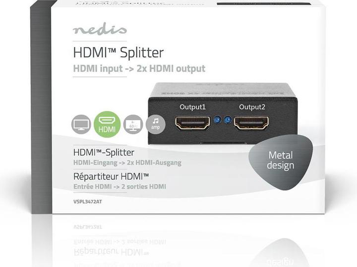Produktbild Nedis VSPL3472AT. Video Porttyp: HDMI, Teilnehmerausgang: 2x HDMI. Produktfarbe: Schwarz, Gehäusematerial: